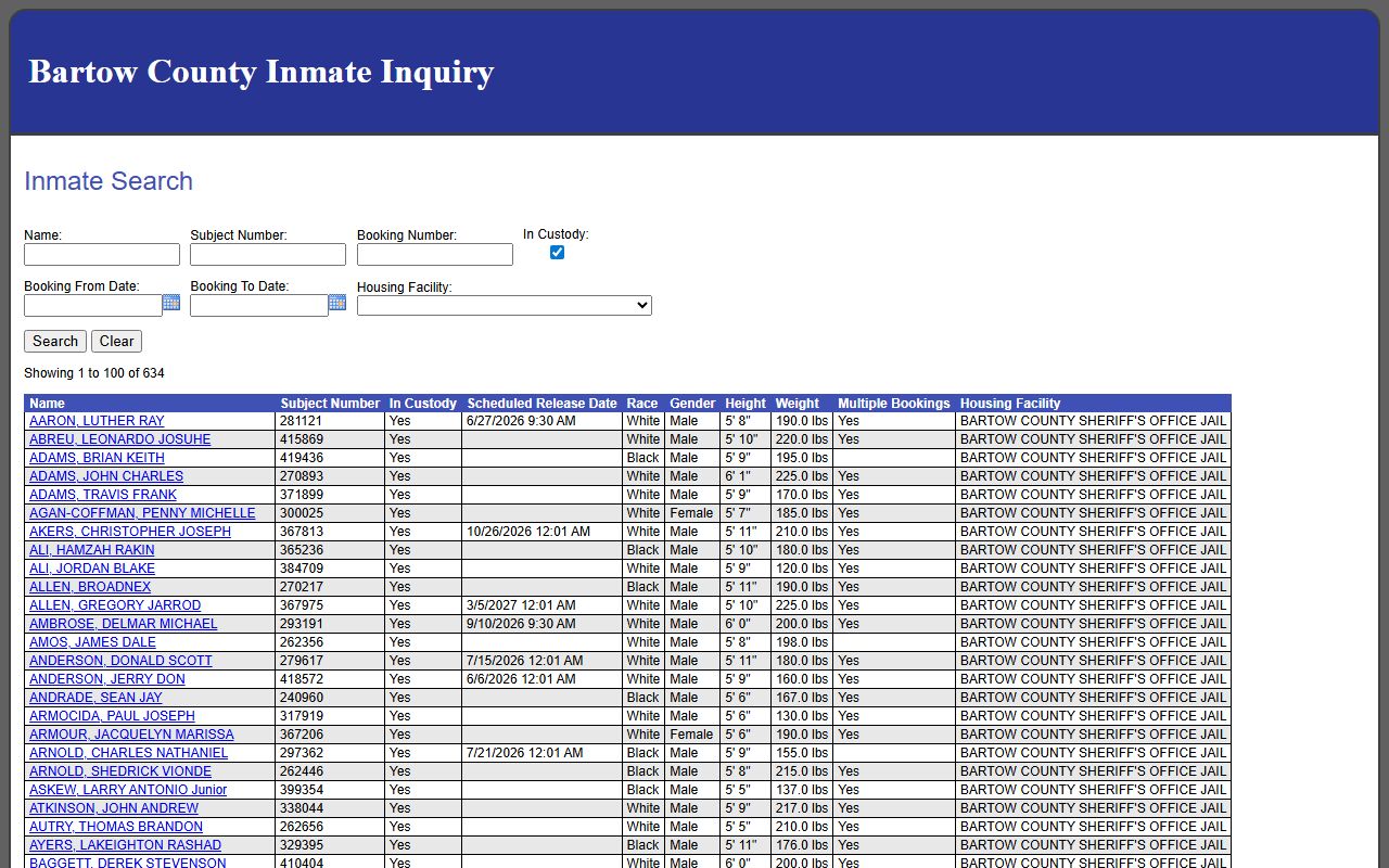 Bartow County inmate population roster search fields