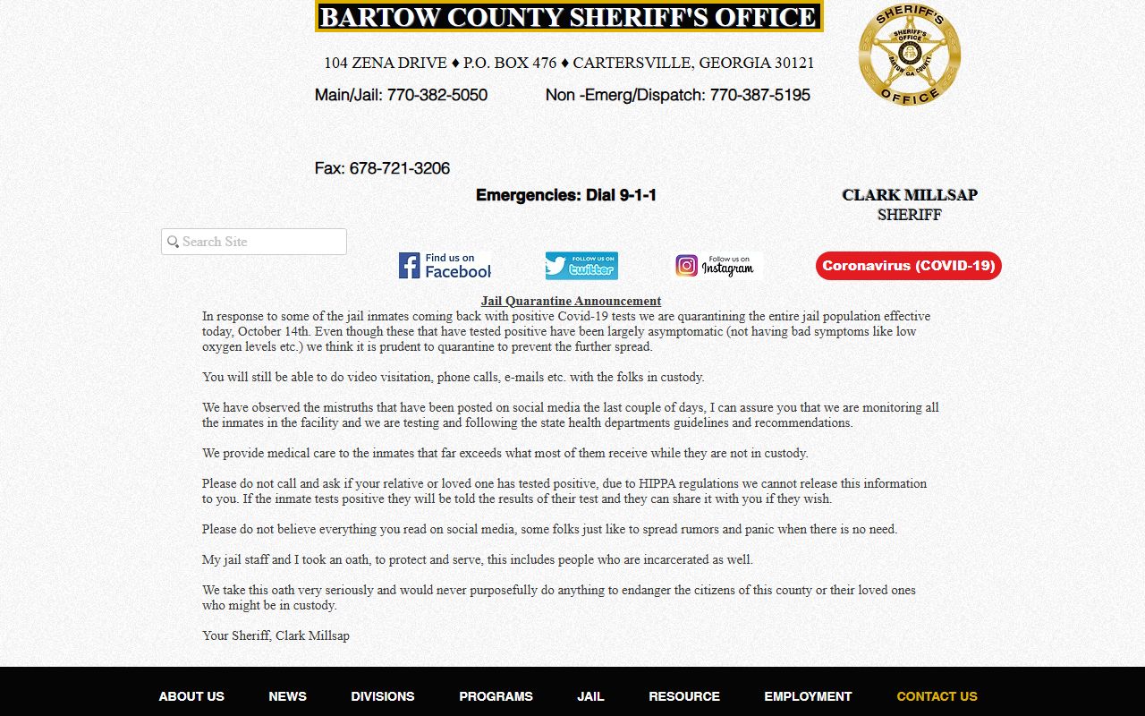 Bartow County Sheriff's Office contact page with jail address and phone